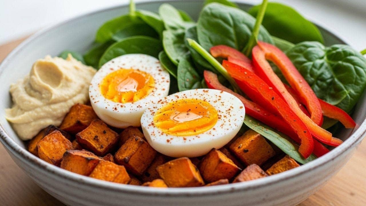 L’assiette complète en un clin d’œil : œuf, crudités râpées et patate douce vapeur, sauce tahini